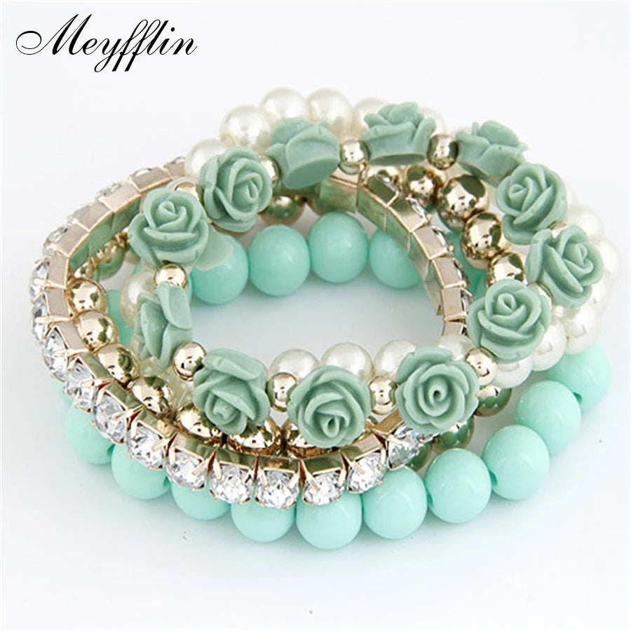 Charm Bracelets For Women Jewelry Rose Flower Multi-layer Wrap Flower Bracelets &amp; Bangles Vintage Pulseras Mujer Pulseiras Femme