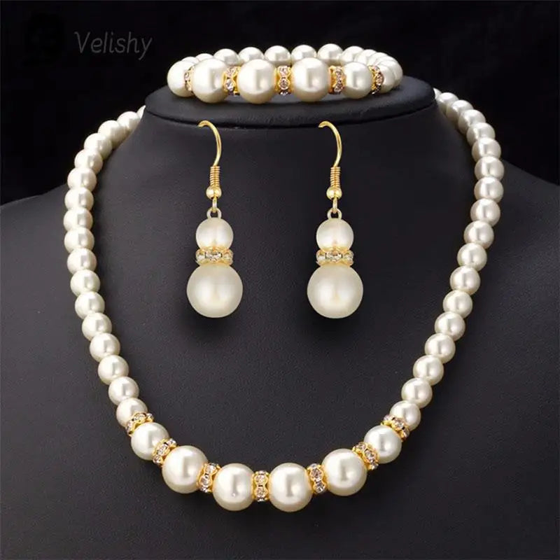 3 In1 Set Elegant Simulated Pearl Necklace Earrings Bracelet Long Necklace Women Bridal Wedding Jewelry Gift Beautiful Jewelries