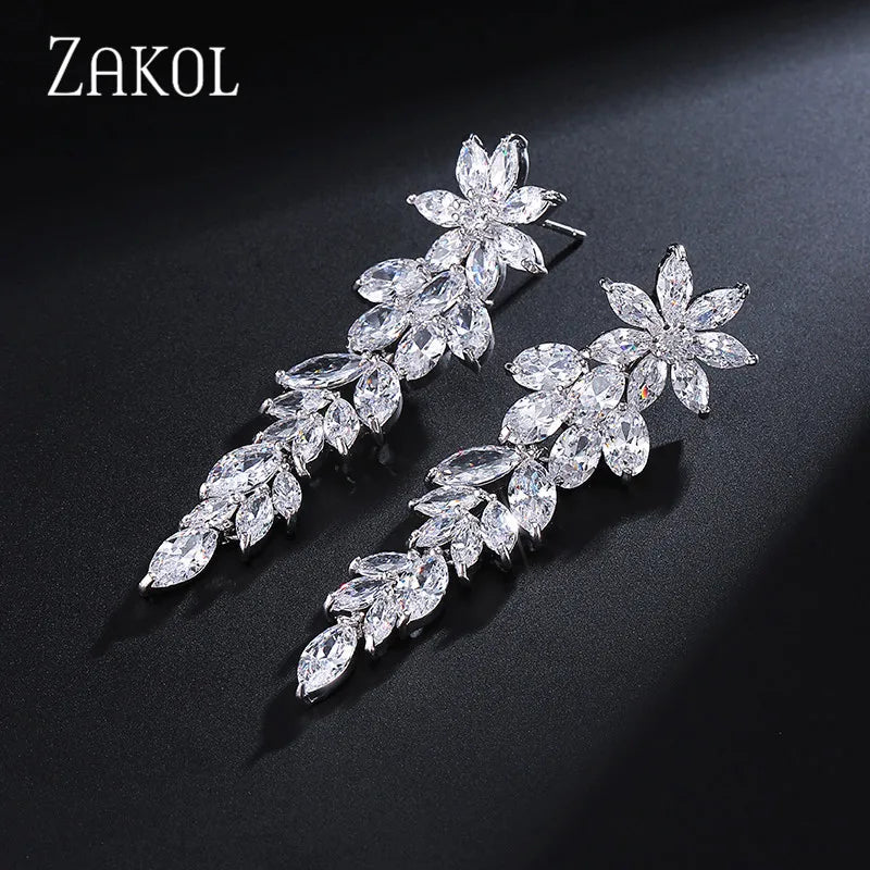 ZAKOL Luxury Gorgeous Marquise Cluster Dangle Earrings for Women Flower Shape Cubic Zirconia Long Earring Bride Wedding Jewelry