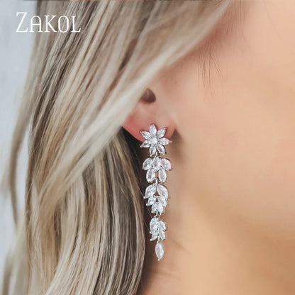 ZAKOL Luxury Gorgeous Marquise Cluster Dangle Earrings for Women Flower Shape Cubic Zirconia Long Earring Bride Wedding Jewelry