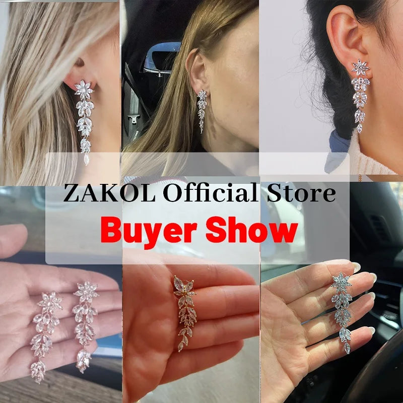 ZAKOL Luxury Gorgeous Marquise Cluster Dangle Earrings for Women Flower Shape Cubic Zirconia Long Earring Bride Wedding Jewelry